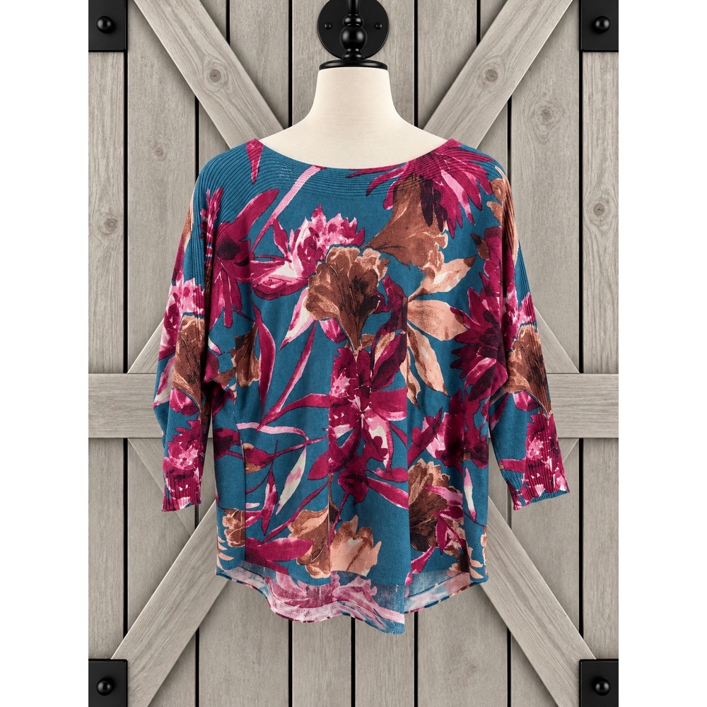 Chico's A Touch of Cashmere Dolman Sleeve Sweater Knit Size 2 Large Teal Pink